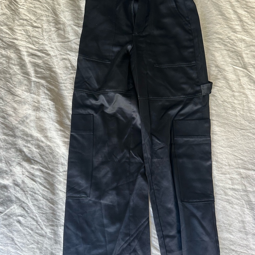 Black silk cargo high rise pants